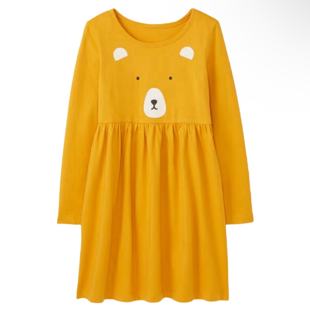 Hanna Andersson Mustard Yellow Bear Face Long Sleeve Dress Size 3 (90) ⭐️